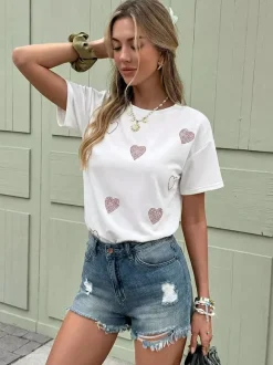 Shirt Short Sleeves Tees White Viscose Clothes Jewel Neck Women Summer Tee Shirt