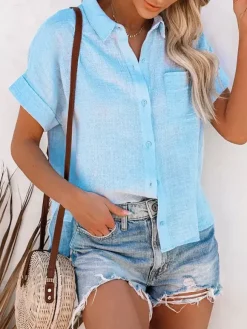 Shirt For Women Black Turndown Collar Casual Buttons Short Sleeves Tops