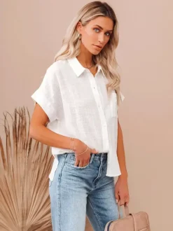 Shirt For Women Black Turndown Collar Casual Buttons Short Sleeves Tops