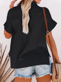Shirt For Women Black Turndown Collar Casual Buttons Short Sleeves Tops