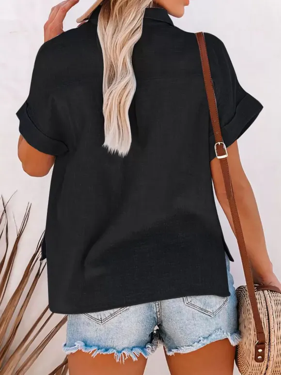 Shirt For Women Black Turndown Collar Casual Buttons Short Sleeves Tops