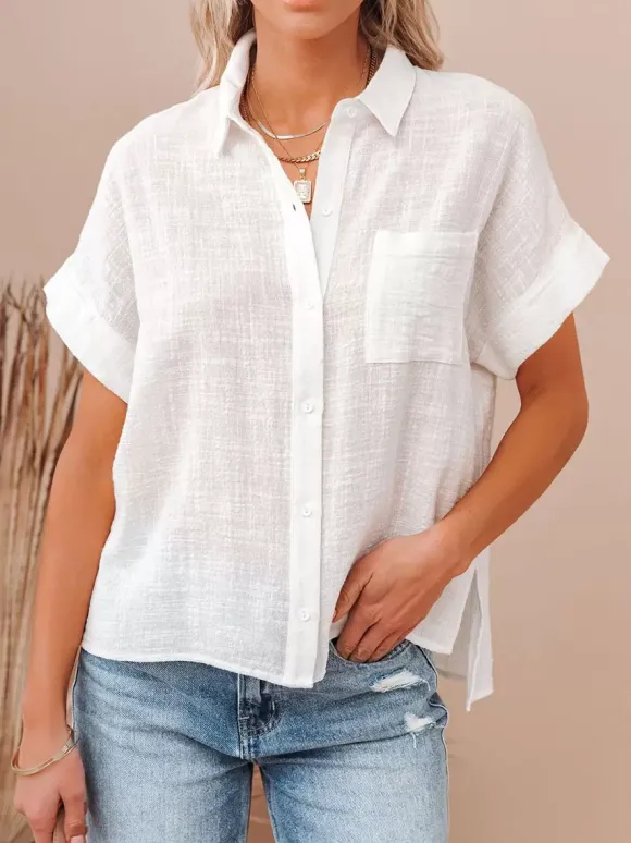 Shirt For Women Black Turndown Collar Casual Buttons Short Sleeves Tops
