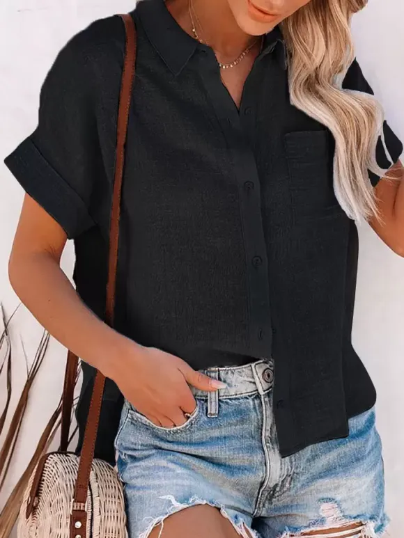 Shirt For Women Black Turndown Collar Casual Buttons Short Sleeves Tops