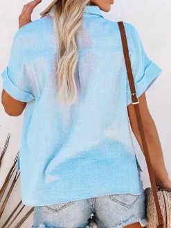 Shirt For Women Black Turndown Collar Casual Buttons Short Sleeves Tops