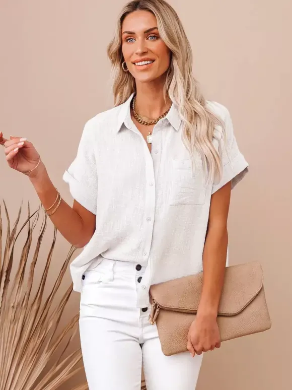 Shirt For Women Black Turndown Collar Casual Buttons Short Sleeves Tops