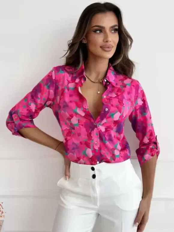 Shirt For Women Blue Floral Print Turndown Collar Chic Long Sleeves Polyester Tops