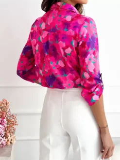 Shirt For Women Blue Floral Print Turndown Collar Chic Long Sleeves Polyester Tops