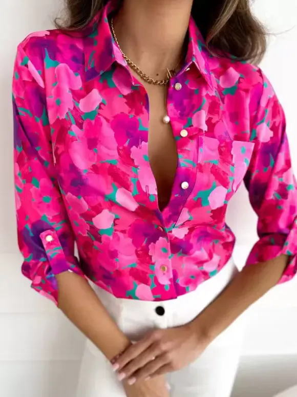 Shirt For Women Blue Floral Print Turndown Collar Chic Long Sleeves Polyester Tops