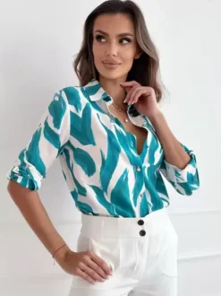 Shirt For Women Blue Floral Print Turndown Collar Chic Long Sleeves Polyester Tops