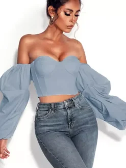 Shirt For Women Blue Strapless Sexy Long Sleeves Tops