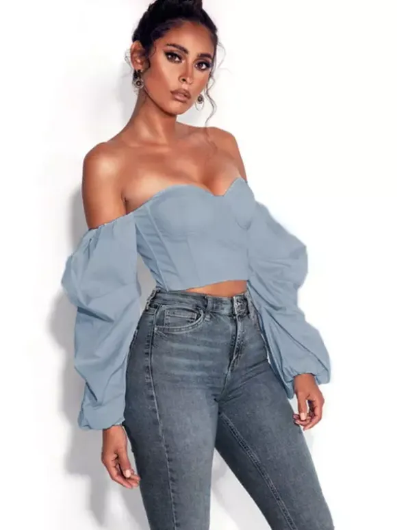 Shirt For Women Blue Strapless Sexy Long Sleeves Tops