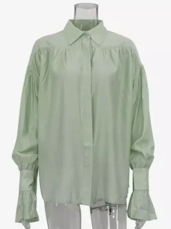 Shirt For Women Brown Turndown Collar Clothes Casual Pleated Buttons Long Sleeves Tops