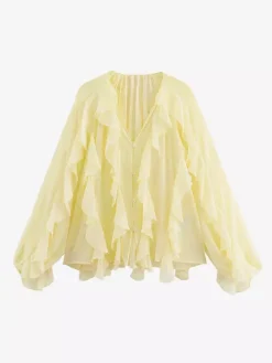 Shirt For Women Burgundy V-Neck Clothes Casual Buttons Ruffles Long Sleeves Tops