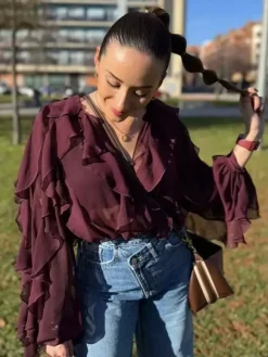 Shirt For Women Burgundy V-Neck Clothes Casual Buttons Ruffles Long Sleeves Tops