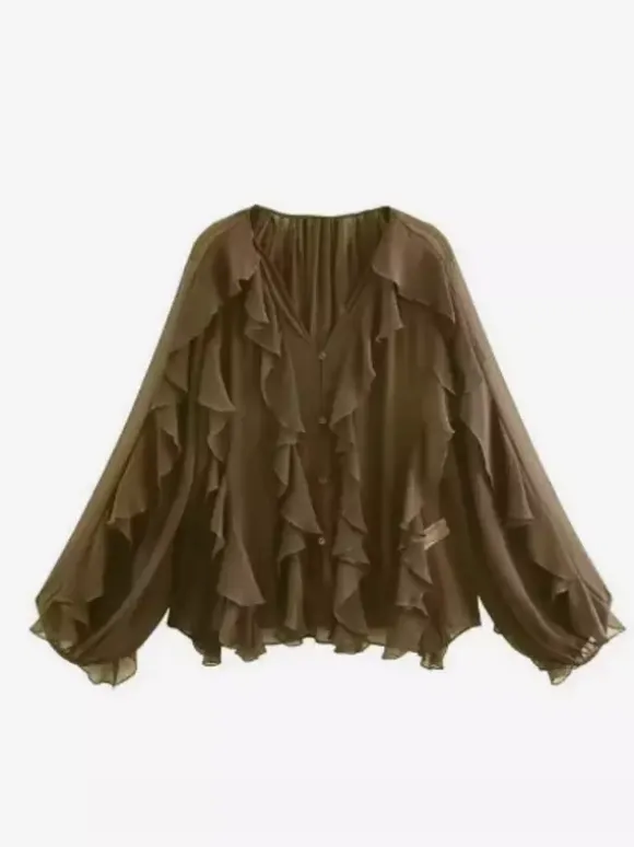 Shirt For Women Burgundy V-Neck Clothes Casual Buttons Ruffles Long Sleeves Tops