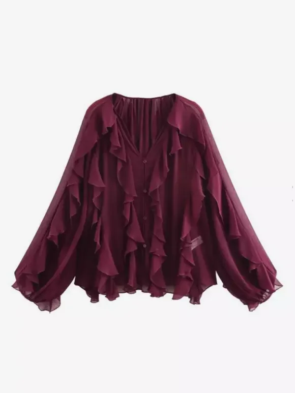 Shirt For Women Burgundy V-Neck Clothes Casual Buttons Ruffles Long Sleeves Tops