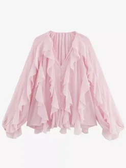 Shirt For Women Burgundy V-Neck Clothes Casual Buttons Ruffles Long Sleeves Tops