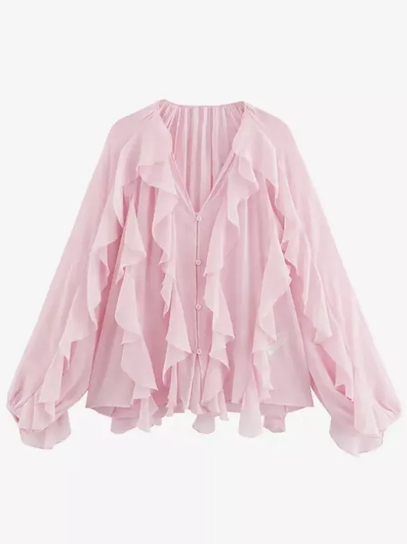 Shirt For Women Burgundy V-Neck Clothes Casual Buttons Ruffles Long Sleeves Tops