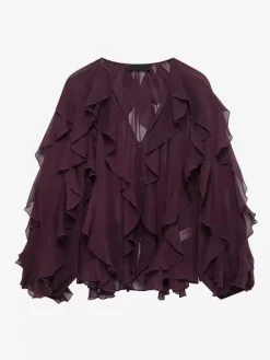 Shirt For Women Burgundy V-Neck Clothes Casual Buttons Ruffles Long Sleeves Tops