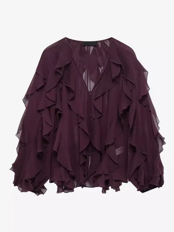 Shirt For Women Burgundy V-Neck Clothes Casual Buttons Ruffles Long Sleeves Tops