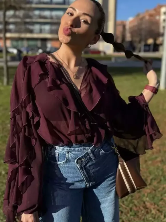 Shirt For Women Burgundy V-Neck Clothes Casual Buttons Ruffles Long Sleeves Tops