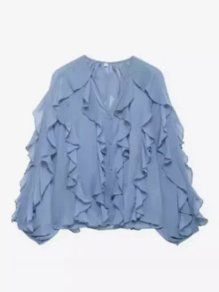 Shirt For Women Burgundy V-Neck Clothes Casual Buttons Ruffles Long Sleeves Tops