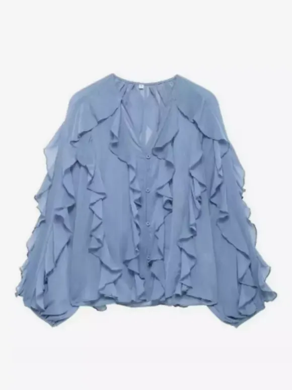 Shirt For Women Burgundy V-Neck Clothes Casual Buttons Ruffles Long Sleeves Tops