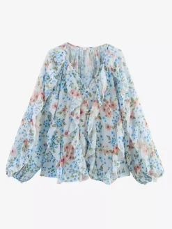 Shirt For Women Burgundy V-Neck Clothes Casual Buttons Ruffles Long Sleeves Tops