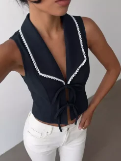 Shirt For Women Deep Blue Color Block Lace Up Turndown Collar Sexy Sleeveless Tops