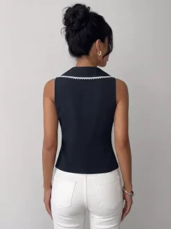 Shirt For Women Deep Blue Color Block Lace Up Turndown Collar Sexy Sleeveless Tops