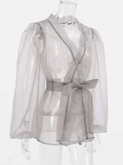 Shirt For Women Gray Stretch Pleated Lace Up V-Neck Casual Long Sleeves Tulle Tops