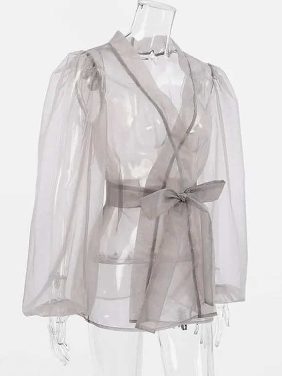 Shirt For Women Gray Stretch Pleated Lace Up V-Neck Casual Long Sleeves Tulle Tops
