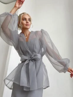 Shirt For Women Gray Stretch Pleated Lace Up V-Neck Casual Long Sleeves Tulle Tops