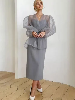 Shirt For Women Gray Stretch Pleated Lace Up V-Neck Casual Long Sleeves Tulle Tops
