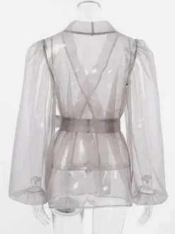 Shirt For Women Gray Stretch Pleated Lace Up V-Neck Casual Long Sleeves Tulle Tops