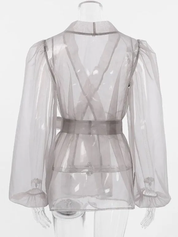 Shirt For Women Gray Stretch Pleated Lace Up V-Neck Casual Long Sleeves Tulle Tops