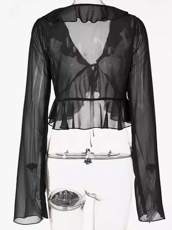 Shirt For Women Green Polyester V-Neck Pleated Casual Lace Up Long Sleeves Tops