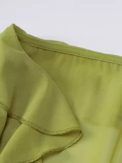 Shirt For Women Green Polyester V-Neck Pleated Casual Lace Up Long Sleeves Tops