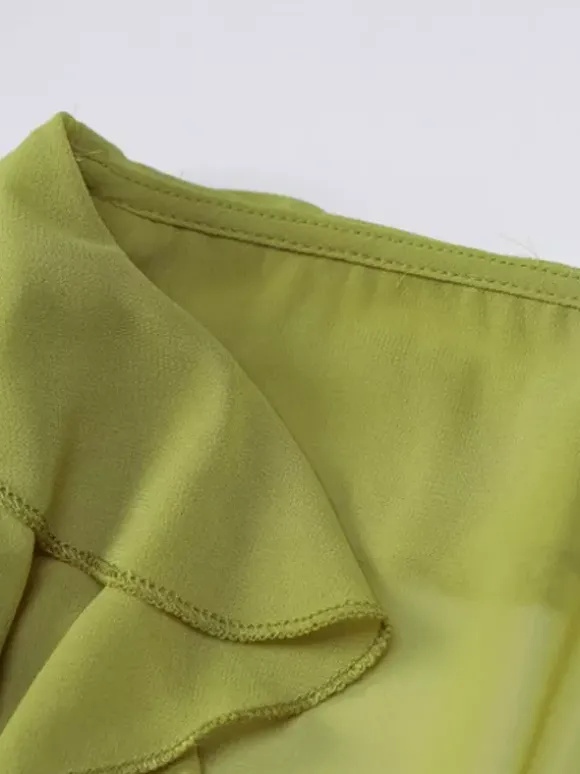 Shirt For Women Green Polyester V-Neck Pleated Casual Lace Up Long Sleeves Tops
