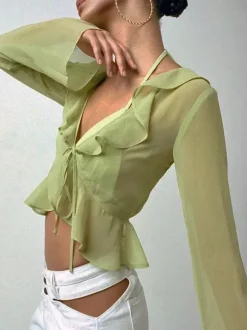 Shirt For Women Green Polyester V-Neck Pleated Casual Lace Up Long Sleeves Tops