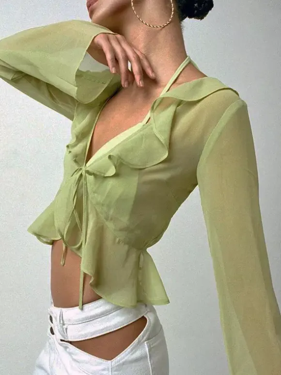 Shirt For Women Green Polyester V-Neck Pleated Casual Lace Up Long Sleeves Tops