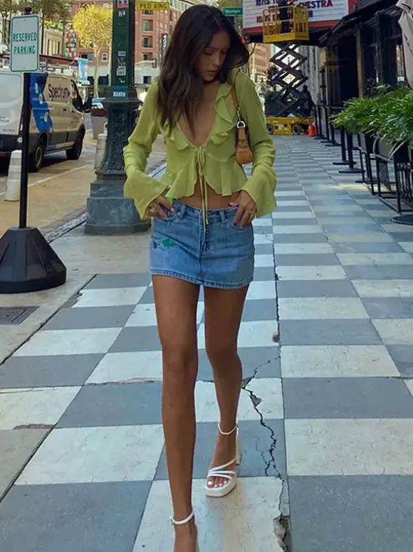 Shirt For Women Green Polyester V-Neck Pleated Casual Lace Up Long Sleeves Tops