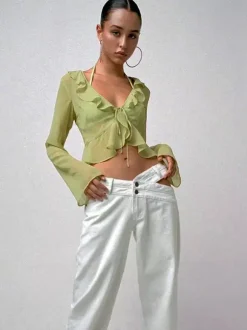 Shirt For Women Green Polyester V-Neck Pleated Casual Lace Up Long Sleeves Tops