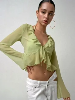 Shirt For Women Green Polyester V-Neck Pleated Casual Lace Up Long Sleeves Tops