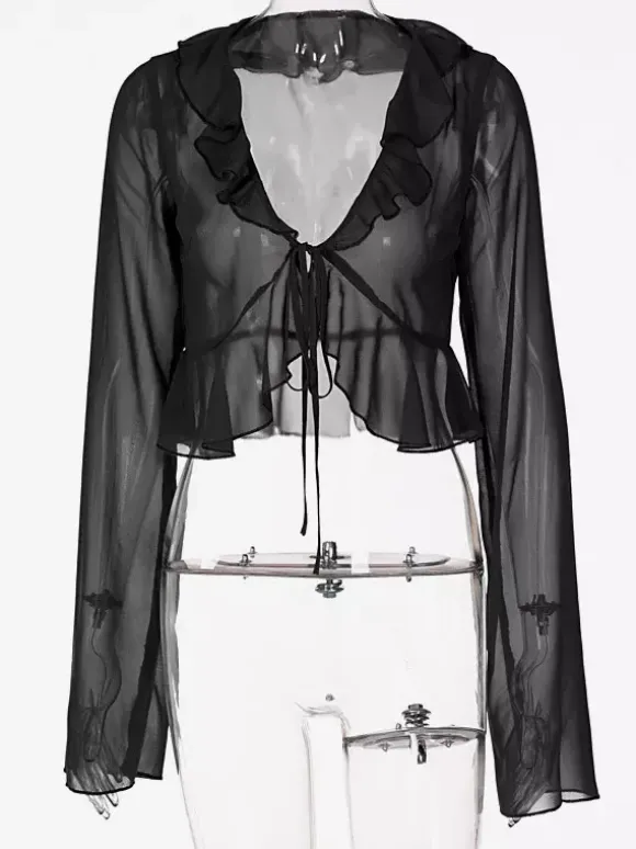 Shirt For Women Green Polyester V-Neck Pleated Casual Lace Up Long Sleeves Tops