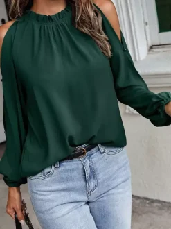 Shirt For Women Red Jewel Neck Casual Long Sleeves Tops