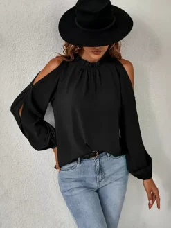 Shirt For Women Red Jewel Neck Casual Long Sleeves Tops