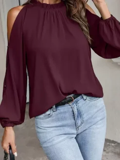 Shirt For Women Red Jewel Neck Casual Long Sleeves Tops