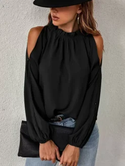Shirt For Women Red Jewel Neck Casual Long Sleeves Tops