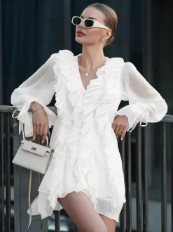 Shirt For Women White Ruffles V-Neck Elegant Long Sleeves Tops